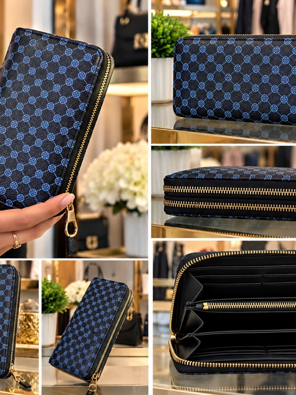 Compact Blue Patterned Zip-Around Women's Wallet